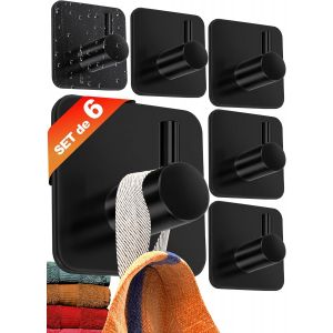 KAL-Crochet Adhesif Mural - 6 Pièces, Porte Serviette Salle De Bain, Accroche Torchon Cuisine, Portemanteau Autocollant Acier Inox, Noir - Neuf