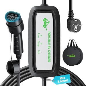 Chargeur Voiture Electrique 3,68kw [16a, 15m]Ev Chargeur Type 2, Cable Recharge Voiture Electrique Type 2, Voyant Led, Vec Sac, Compatible Avec 3008,E-C3,Golf,Model Y Et Autres Ev/Phev (15m) - Neuf