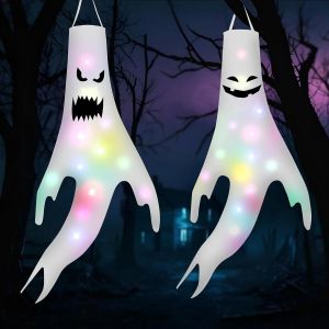 Mevronisshop-Halloween Fant&ocirc;me Suspendue D&eacute;coration, D&eacute;coration Halloween Ext&eacute;rieur Drapeaux Et Manches &Agrave; Air Fant&ocirc;mes 2 Pi&egrave;ces, Lumineux Fant&ocirc;me Avec Color&eacute; Led, Pour Jardin,Cour,Porte, F&ecirc;te D'hallo - Neuf