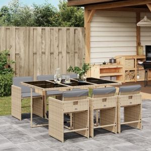 Ensemble À Manger De Jardin Coussins 7 Pcs Mélange Beige Rotin - Neuf