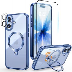 LORANKA-3 en 1 Coque pour iPhone 17 6.3"" [Coque Magn&eacute;tique Puissant pour MagSafe] [360&deg; CD Support Rolatif] [avec Protection Cam&eacute;ra & &Eacute;cran] Coque Antichoc &Eacute;lectroplaqu&eacute;e, Bleu - Neuf