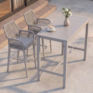 Ensemble table de bar + 2 tabourets de bar HWC-P91, chaise de bar, table haute, coussin d'assise d'ext&eacute;rieur en m&eacute;tal tress&eacute;gris clair - Neuf