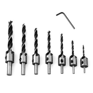 7 pcs foret à bois avec fraisage hss fraisage hss alésoirs alésoirs chanfrein de carottage foret à tête fraisée avec fraisage et butée de profondeur 90 fraisage d - Neuf