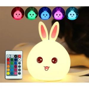Mignon Lapin LED Veilleuse Lampe de Nuit Lampe de Chevet 7 Couleur Changement avec Télécommande Lumière d'ambiance USB Rechargeable - Neuf