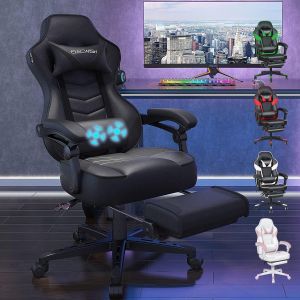 JEXNOVASHOP-Chaise Gaming Ergonomique Racing Chaise de Bureau avec R&eacute;glage de Hauteur, Repose-t&ecirc;te et Soutien des Lombaires, PU Cuir avec Repose-Pieds R&eacute;tractable, Noir - Neuf