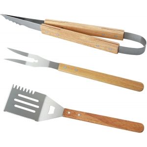 SUBZONAL-Lot de 3 ustensiles de barbecue en acier inoxydable avec poign&eacute;e en bois, spatule, pince, fourchette pour camping, barbecue, accessoires cadeaux, pendaison de cr&eacute;maill&egrave;re, fournitures de f&ecirc;t - Neuf