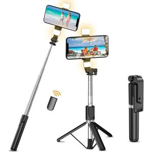 Cai-Perche À Selfie Trépied Avec 2 Lumières De Remplissage,Trépied Extra Long De 130 Cm Avec Télécommande Sans Fil Amovible Pour Filmer,Compatible Avec Iphone,Samsung,Smartphone,Etc - Neuf