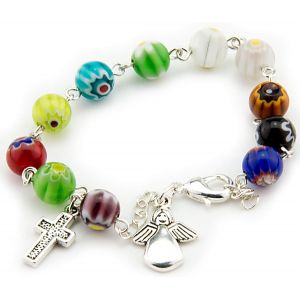 Kalsw-Store Bracelet Ange Gardien Avec 10 Boules En Verre Murano De 8 Mm.Croix Et Sac En Coton Avec Images De La Vierge Marie.Bracelet Chapelet Décenniaire,Ajustable,Cristal - Neuf