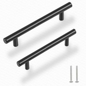 YUJTG-10Pcs Poignee Meuble Noir, Cuisine Porte Poignées Avec Vis, T Poignées Placard Tiroir, Poignee de Meuble en Acier Inoxydable, Poignet de Porte pour Cuisine, Chambre, Bureau (Entraxe 96mm) - Neuf
