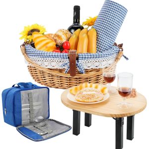 Ulteronixshop-Set de Panier Pique-Nique en Osier pour 2 Personnes avec Table d&eacute;tachable,Sac fourre-Tout &agrave; Couverts,Couverture Imperm&eacute;able, Doublure int&eacute;rieure Amovible,pour Camping, Plage, Famille/Co - Neuf