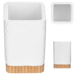 KADAX Tasse de salle de bain pour conteneur de brosses &agrave; dents Organisateur blanc avec carr&eacute; en bambou - Neuf