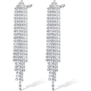 Kal-Boucles D'oreilles Strass Pour Femme, Boucles D'oreilles Pendantes À Pampilles Argentées Scintillantes Boucles D'oreilles Longues Lustre En Cristal, Boucles D'oreilles À Franges En Diamant - Neuf