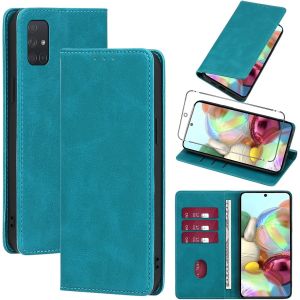 Kal-Coque Cuir Pour Samsung Galaxy A71 4g/5g 6.7"" Avec 1 Verre Trempé Etui À Rabat En Pu Porte-Cartes Portefeuille Support Flip Housse Magnétique Antichoc Anti-Rayures Case,Bleu Clair - Neuf