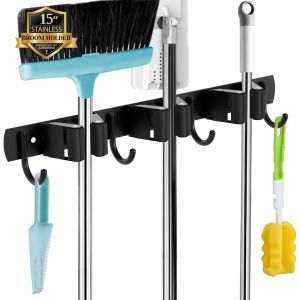CAUC-Accroche Balai Mural, 3 Supports + 4 Crochets Noir Porte Balais Mural, Support Balais Mural, Porte Balais Mural Sans Percage, Rangement Balai, Attache Balai Mural - Neuf