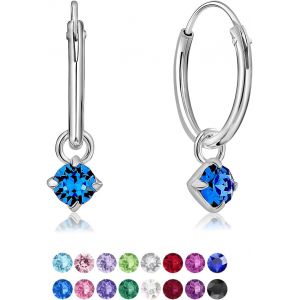 Kal-&reg; Boucles D'oreilles Petites Cr&eacute;oles En Argent Fin 925 Avec Petit Pendentif 3 Mm Cristaux De Swarovski&reg; Elements Ronds - &Eacute;paisseur 1.5 Mm - Diam&egrave;tre: 14 Mm - Choix De Diff&eacute;rentes Couleurs - Neuf