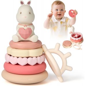 Lapin Tour Empilable Bebe,Jeux Eveil Silicone,Anneau Dentition Bebe,Jouet Montessori Eveil,Anneaux Empilables Bébés,Cadeau pour Filles 6 Mois+,Ensemble de 7 Pièces - Neuf