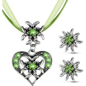 Kal-3 Pcs Set De Bijoux D'edelweiss Fantaisie Bijoux De Dirndl Bavarois Collier D'edelweiss Strass Avec Pendentif C?ur Boucles D'oreilles D'edelweiß Pour Fête De Bière Traditionnelle - Neuf