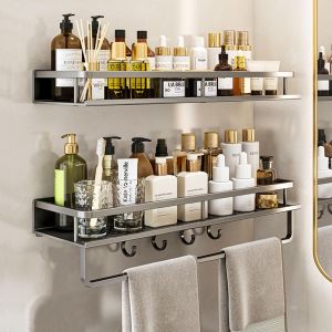 CAUC-Lot de 2 &eacute;tag&egrave;res de douche, sans per&ccedil;age, en acier inoxydable, 40 cm, avec porte-serviettes et 4 crochets, pour chambre &agrave; coucher, salon et cuisine, gris - Neuf