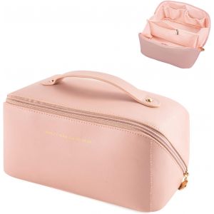 Trousse de toilette pour femme, grande capacité, trousse de maquillage en PU imperméable, trousse de maquillage de voyage, organiseur de cosmétiques pour hommes et femmes (rose) - Neuf