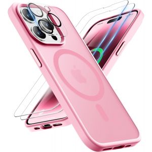 Maa-Coque Pour Iphone 14 Pro Max Avec 2 Verre Trempé Et 1 Caméra Protecteur, Compatible Avec Mag Safe, Etui Translucide Arrière Antichoc Coque Magnétique Pour Iphone 14 Pro Max 6.7"" Rose Clair - Neuf