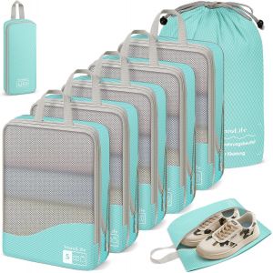 Organisateur Val Compressible, Lot De 8 Rangement Val , Packing Cubes Compression, Sac Rangement Val Voyage, Compression Organisateur Val En Maille Visible (Bleu) - Neuf