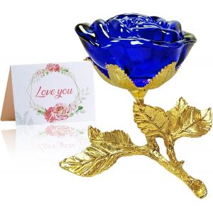 Fleur De Cristal Rose Bleu,Figurine En Forme De Rose En Verre Avec Feuilles Tige Dor&eacute;e,Verre Rose Artificiel Cristal,Rose Ornement De Collection,Cadeau De No&euml;l,Saint Valentin,F&ecirc;te Des M&egrave;res - Neuf