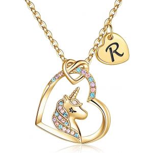 Kal-Collier De Licorne Pour Filles, Collier De Pendentif Coeur Plaqu&eacute; En Or 14 Carats Pour Filles, Avec Cz Color&eacute;e Et Un Pendentif Coeur Initial - Neuf