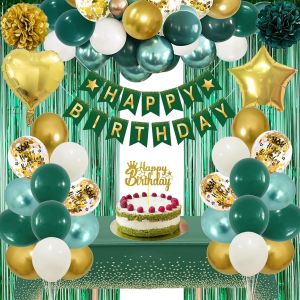 ERYI-Décorations Anniversaire, Vert Or Ballon Anniversaire Décorations, Bannière Joyeux Anniversaire, Pom Poms Confetti Rideau Nappe Gateau Décorations De Fête Anniversaire Pour Garçon Filles Hommes - Neuf