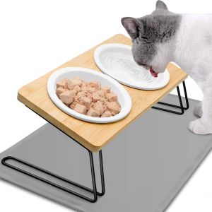 Gamelle Chat Surélevée - 2 Bols En Céramique Avec Support 15° Incliné Et Tapis - Pour Chats Et Petits Chiens - Neuf