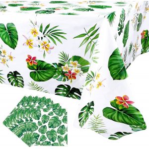 Sjzg-Nappes Hawaïennes Luau,Nappe De Table Motif Feuilles De Palmier Tropicales,Avec 20 Serviettes De Table En Forme De Feuilles Tropicales,Fête Anniversaire Hawaïenne 86 X 51 Pouces Nappe - Neuf