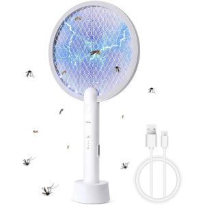 MAA-Flintronic Raquette Electrique Insectes, 3000V Raquette Anti Moustiques ¿¿lectrique avec USB Base de Charge, 3 Couches Protection en Maille et Lumi¿¿re de Nuit LED, Tapette¿¿ Mouche Electrique - Neuf