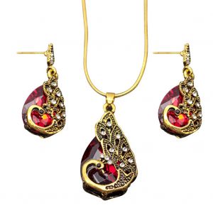 Parure De Bijoux Ethniques Pour Femme, Collier Et Boucles D'oreilles En Alliage De Pierres Precieuses Artificielles En Forme De Goutte D'eau (Rouge) - Neuf