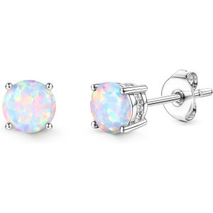 Boucles D'oreilles À Tige En Acier Inoxydable Plaqué Or Blanc 18 Carats Avec Opale Ronde Pour Femme 6 Mm,Acier Inoxydable Et Opale - Neuf