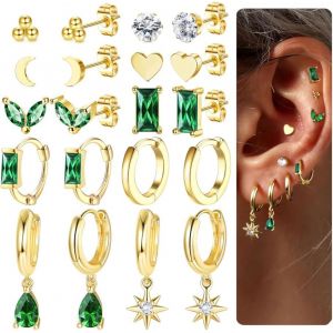Kalhx-10 Paires De Boucles D'oreilles Huggies Pour Femmes Boucles D'oreilles Vertes Plaquées Or 14k Boucles D'oreilles Délicates Pour Piercings Multiples - Neuf