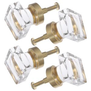 Lot de 4 boutons de tiroir en cristal transparent avec base en laiton - Neuf