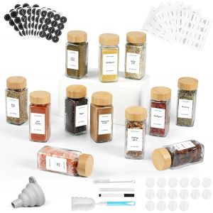Pot À Épices Carré En Verre,120ml,Avec Couvercle En Bois,Lot De 12,Pots À Épices De Cuisine,Entonnoir Inclus,Brosse De Nettoyage,Stylo Et Autocollants - Neuf