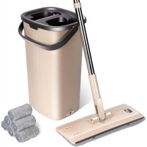 Mop & Bucket Spin Mop & Bucket 360&deg; Rotating Flat Microfibre Mop & 2 Compartment Bucket Drying & 6 Microfibre Pads, Hands Free Mop for Floor Cleaning - Neuf