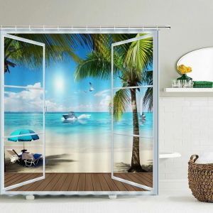 Rideaux De Douche De Plage De Paysage Marin,Rideau De Douche De Salle De Bains,Rideau De Douche En Tissu 3D,Rideau De Douche Imperméable Cortina De Ducha.3620G.W120Xh180Cm - Neuf