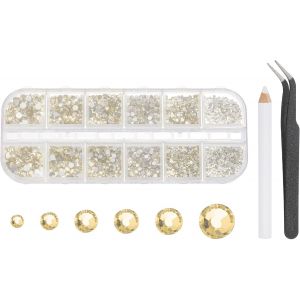 Kal-Ensemble De Strass Ronds &Agrave; Dos Plat, 6 Tailles Diamants En Cristal &Agrave; Dos Plat En Verre Avec Pince &Agrave; &Eacute;piler Et Stylo De Cueillette Pour Nail Art Maquillage, Couleur Champagne - Neuf
