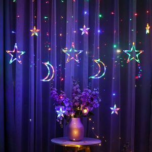 Kal-Étoiles Lune Rideau Lumières, 3.5m Lune Rideau Lumineux Ramadan, Led Guirlande Lumineuse Étoiles, Star Rideaux Lumière, Lampe Décorative Pour Fenetre, Jardin Decoration De Ramadan, Noël - Neuf