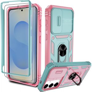 TRAHOO-Coque Samsung S25 Plus Antichoc&iquest;avec 2*Verre Tremp&eacute;+Full Protection Cam&eacute;ra Coulissante&iquest; Anneau Support, &Eacute;tui de PC Dur et TPU Silicone Militaire Anti-Rayures,pour Galaxy S25 Plus 5G,Vert Rose - Neuf