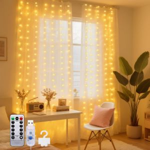 Jgd-Rideau Lumineux Int&eacute;rieur 3 X 3 M Avec 10 Crochets, 200 Led, T&eacute;l&eacute;commande Usb, 8 Modes Clignotants, Minuterie, &Eacute;tanche, Pour Fen&ecirc;tre, No&euml;l, F&ecirc;te, Chambre D'enfant - Neuf