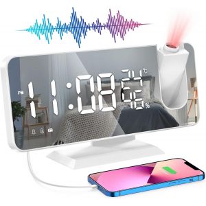 Radio R&eacute;veil Num&eacute;rique, Reveil Projecteur Plafond avec Miroir LED &Eacute;cran, Double Alarme, Snooze, 6 Luminosit&eacute;, Port USB, 12/24H, Horloge Digitale FM Radio Reveil Matin de Maison Bureau Blanc - Neuf