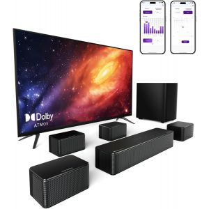 VornixorSarlshop-Barre de Son TV 7.1 avec Dolby Atmos, Contr&ocirc;le d'App, 4 Enceintes Surround Filaires, Enceintes pour T&eacute;l&eacute;viseur 460W avec Caisson de Basse sans Fil, Home Cin&eacute;ma Bluetooth 5.3, Poseido - Neuf