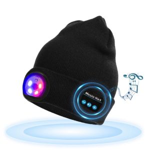 Bluetooth Beanie Hat Avec La Lumière-Noir,Rechargeable Par Usb Led Projecteur De La Pac Avec Des Écouteurs, Des Haut-Parleurs & Mic Hiver Tricoté Nuit Éclairée Musique Bo - Neuf