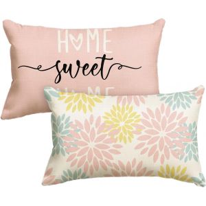 Lot de 2 housses de coussin décoratives à fleurs de dahlia,30 x 50 cm,pour canapé,salon,extérieur,rose et bleu - Neuf