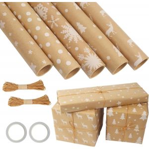 Trahoo-5 Rollen Papier Recyclable D'emballage Cadeau,43cm X 3m Kraft Rouleau, Accessoire Corde En Chanvre *2 + Ruban Adhésif Double Face *1pour Papier Cadeau Noel,Anniversaire, Fêtes, Mariage Et Bébé - Neuf