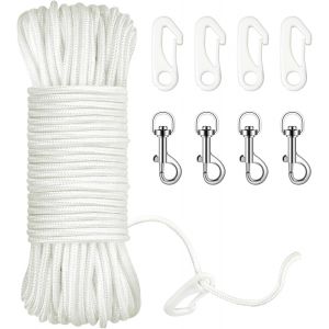 Mevronisshop-25 M Corde Nylon Blanc Diamètre 6 Mm Corde Escalade Avec 4 Crochets En Métal Et 4 Crochets En Nylon Balancoire Résistante Aux Intempéries Pour Mât De Drapeau Tente Camping - Neuf