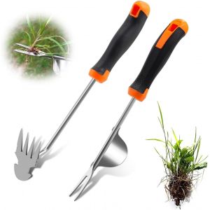 KALANKA-Lot de 2 sarcles-racines avec poign&eacute;e - Outil de d&eacute;sherbage manuel - En acier inoxydable - Cadeau pour les jardiniers - Pour creuser, d&eacute;sherber, transplanter, d&eacute;raciner - Neuf