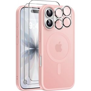 5 In 1 Magn&eacute;tique Coque Pour Iphone 17 Avec 2 Verres Tremp&eacute;s Et 2 Cam&eacute;ra Protecteur, Compatible Magsafe Dos Anti Rayures &Eacute;tui Antichoc Tpu Bumper Housse Pour Iphone 17 6,3"" - Rose - Neuf